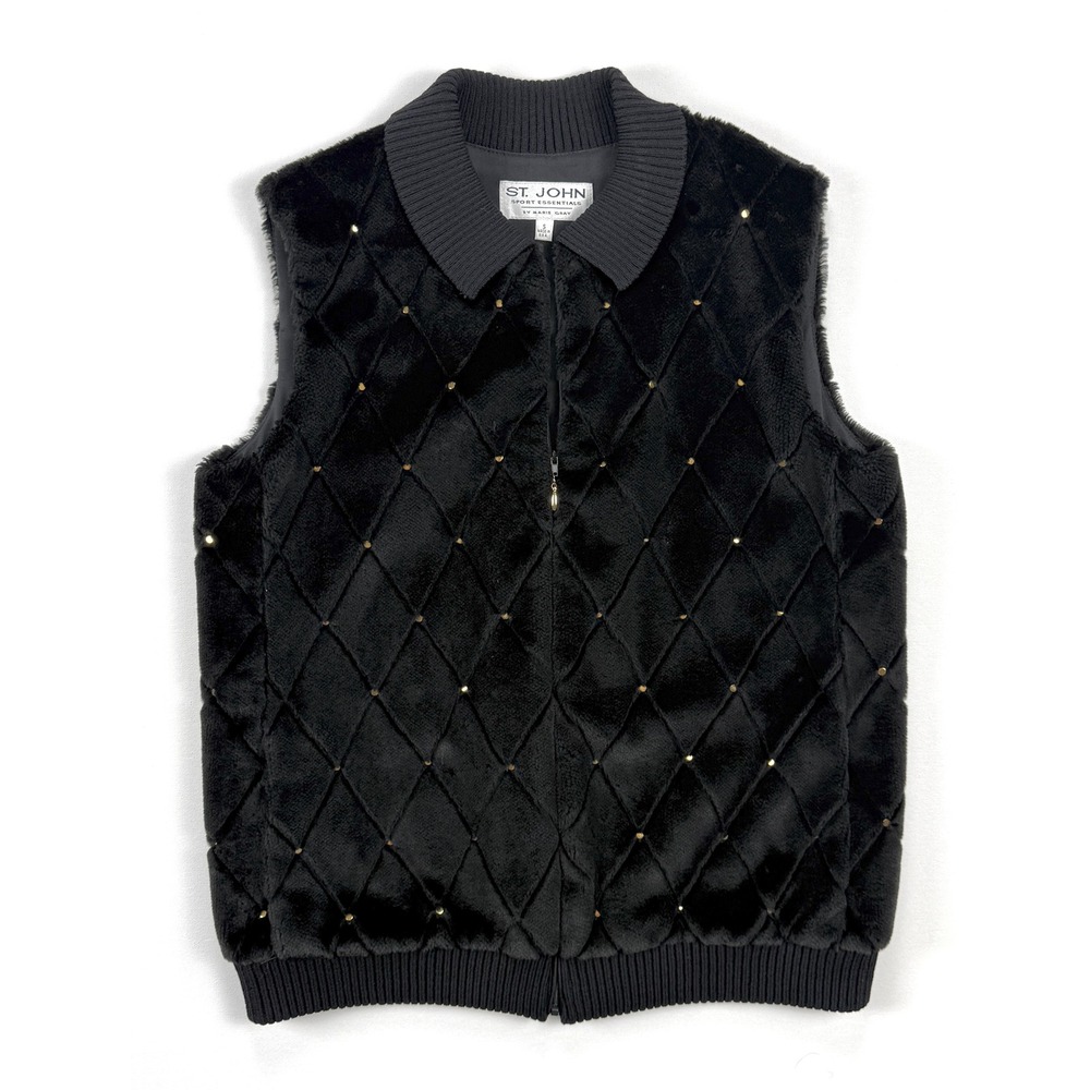 St John Sport Essentials Marie Gray Black Quilted Faux Fur Gold Stud Vest S 1903